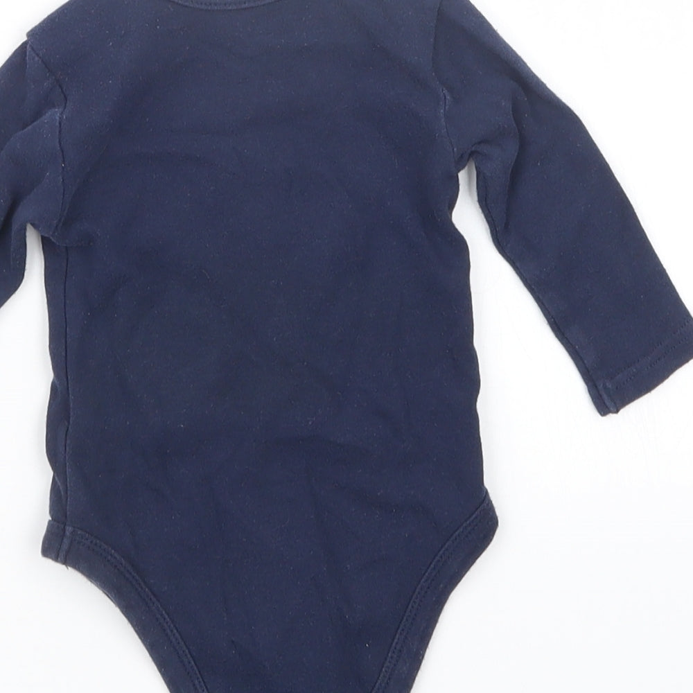 Brand and care label for Matalan boys’ blue babygrow one-piece, size 3-6, months