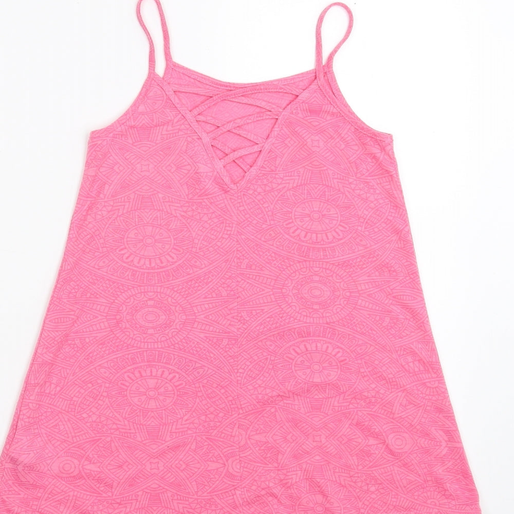 Brand and care label for Matalan girls’ pink geometric camisole t-shirt, size 4, years - hello summer