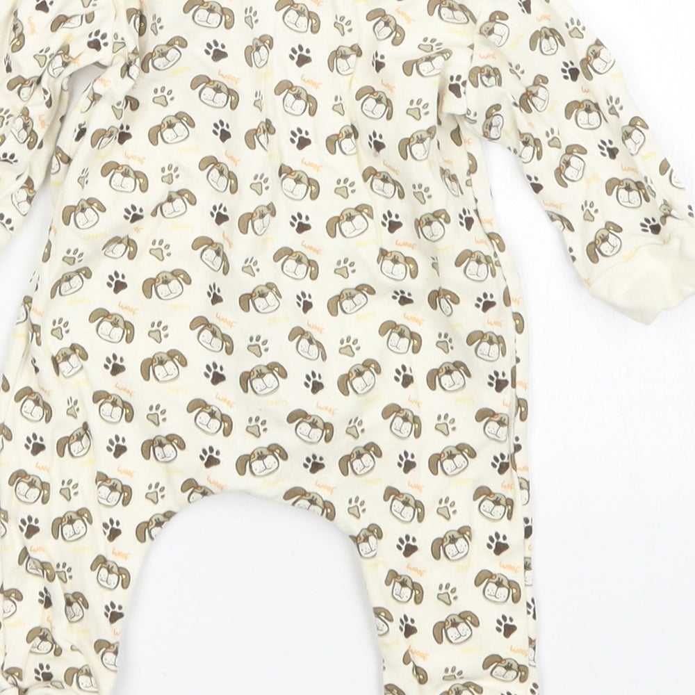 Brand and care label for Mini Mints boys’ multicoloured animal print one-piece, size 3-6, months