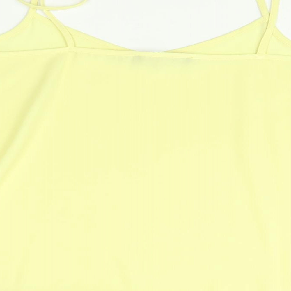 Brand and care label for Atmosphere women’s yellow camisole t-shirt, size UK 10
