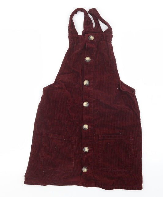 Additional front view of Denim Co. women’s red velvet pinafore/dungaree dress, size UK 6