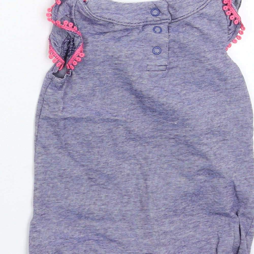 Brand and care label for F&F girls’ blue striped babygrow one-piece, size 3-6, months
