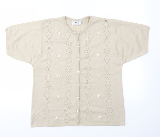 Additional front view of AKAL women’s beige cardigan jumper, size M