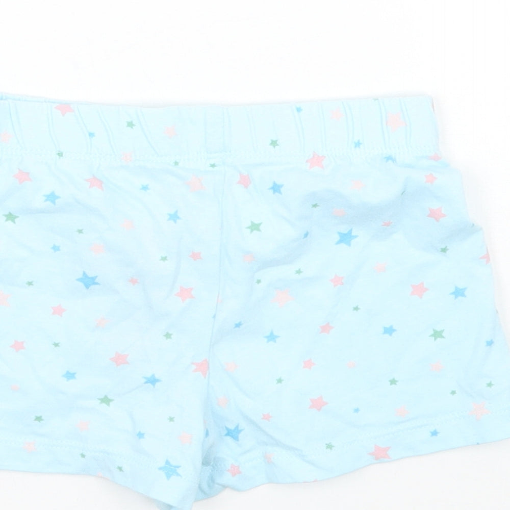 Brand and care label for Marks & Spencer girls’ blue geometric cropped trousers, size 12-18, months
