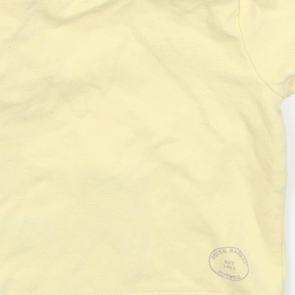 Brand and care label for Nutmeg girls’ yellow basic t-shirt, size 0-3, months - petter rabbit duck