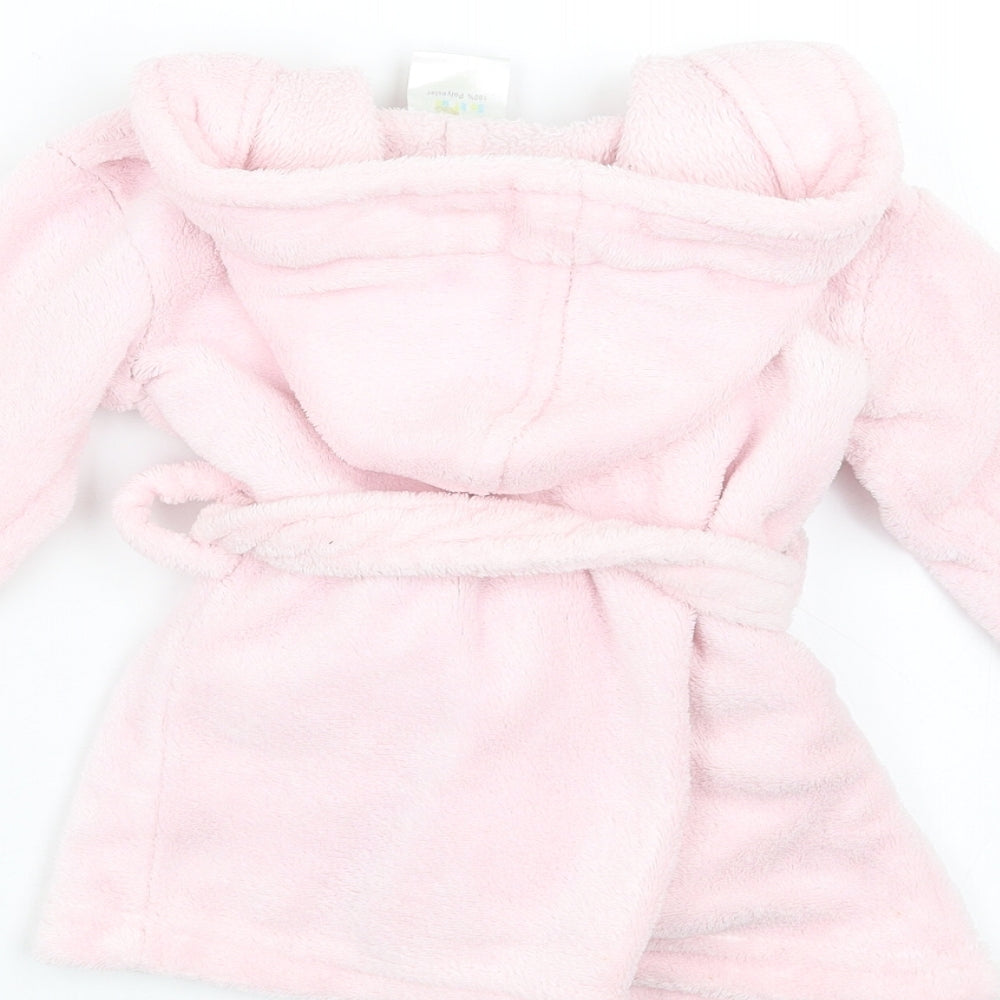 Brand and care label for Soft Touch girls’ pink solid robe, size 6-9, months