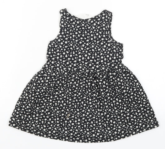 H&M Girls Black Floral Skater Dress Size 2 Years