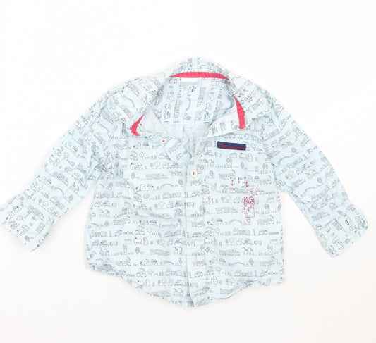 Additional front view of 5 10 15 boys’ blue geometric basic button-up, size 12, months