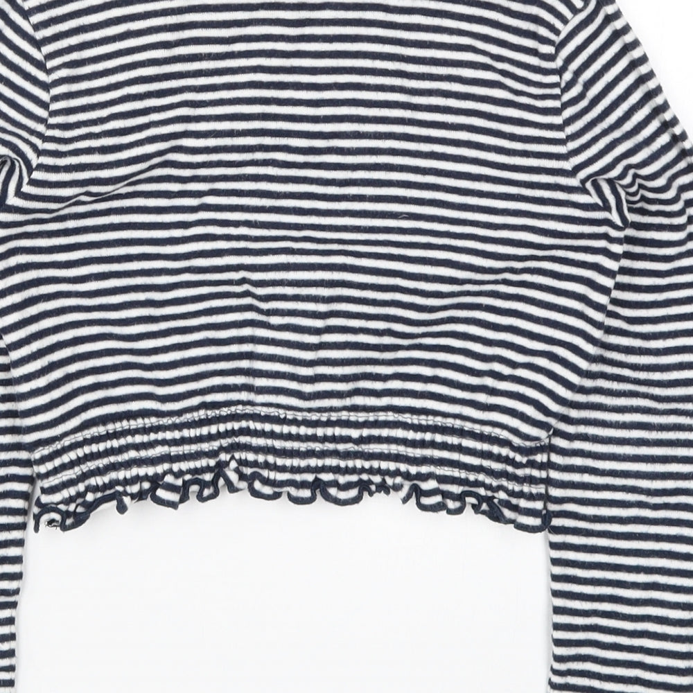 Brand and care label for Next girls’ blue striped cropped t-shirt, size 8, years