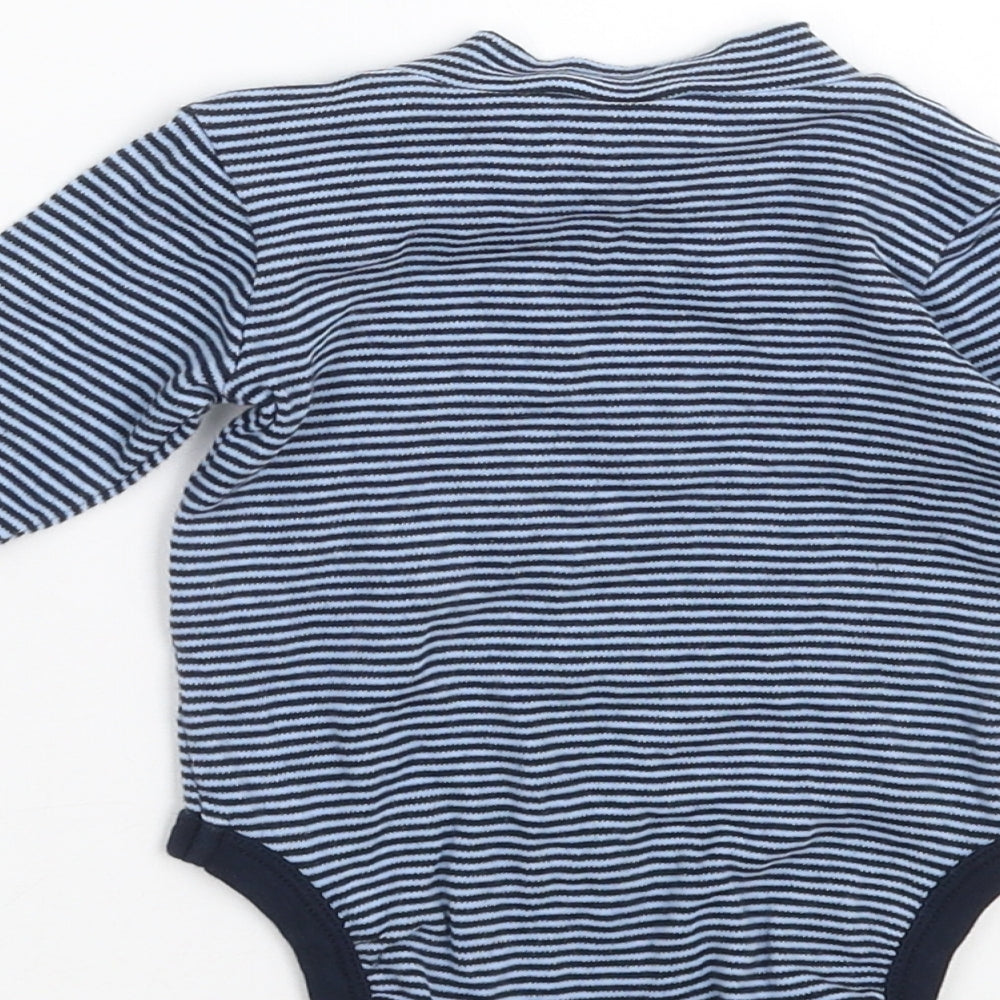 Brand and care label for Ostin boys’ blue striped babygrow one-piece, size 0-3, months - never grow up