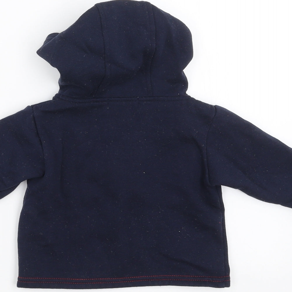 Brand and care label for Early Days boys’ blue full zip jumper, size 6-9, months - hoodie