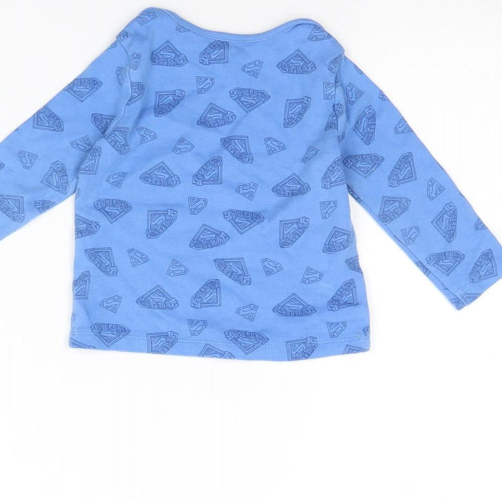 Brand and care label for Preworn Baby Blue Spotted Basic T-Shirt, size 6-9, Months - Superbaby