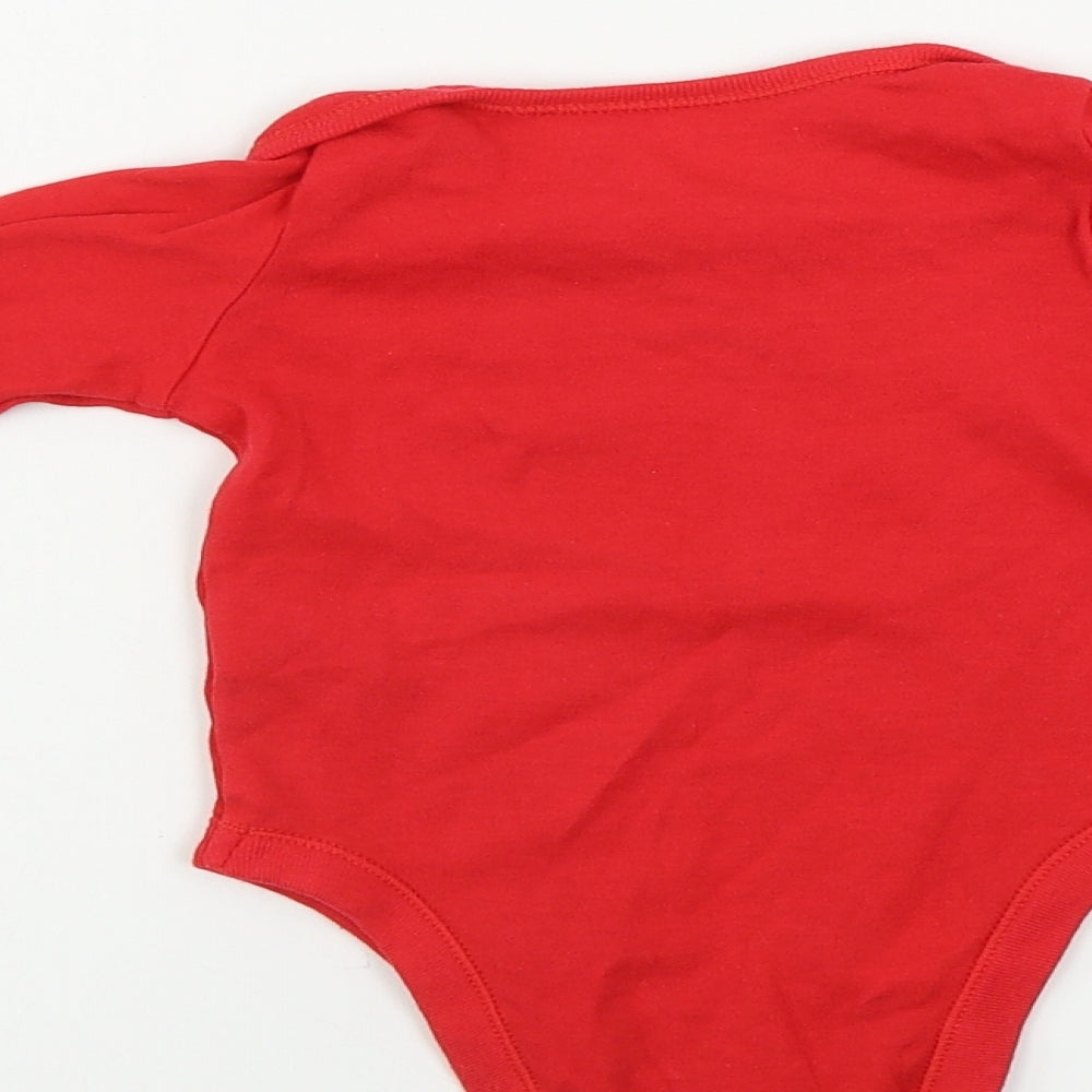 Brand and care label for F&F boys’ red babygrow one-piece, size 6-9, months - christmas babygrow