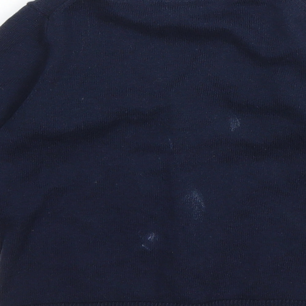 Brand and care label for H&M girls’ blue cardigan jumper, size 3-6, months