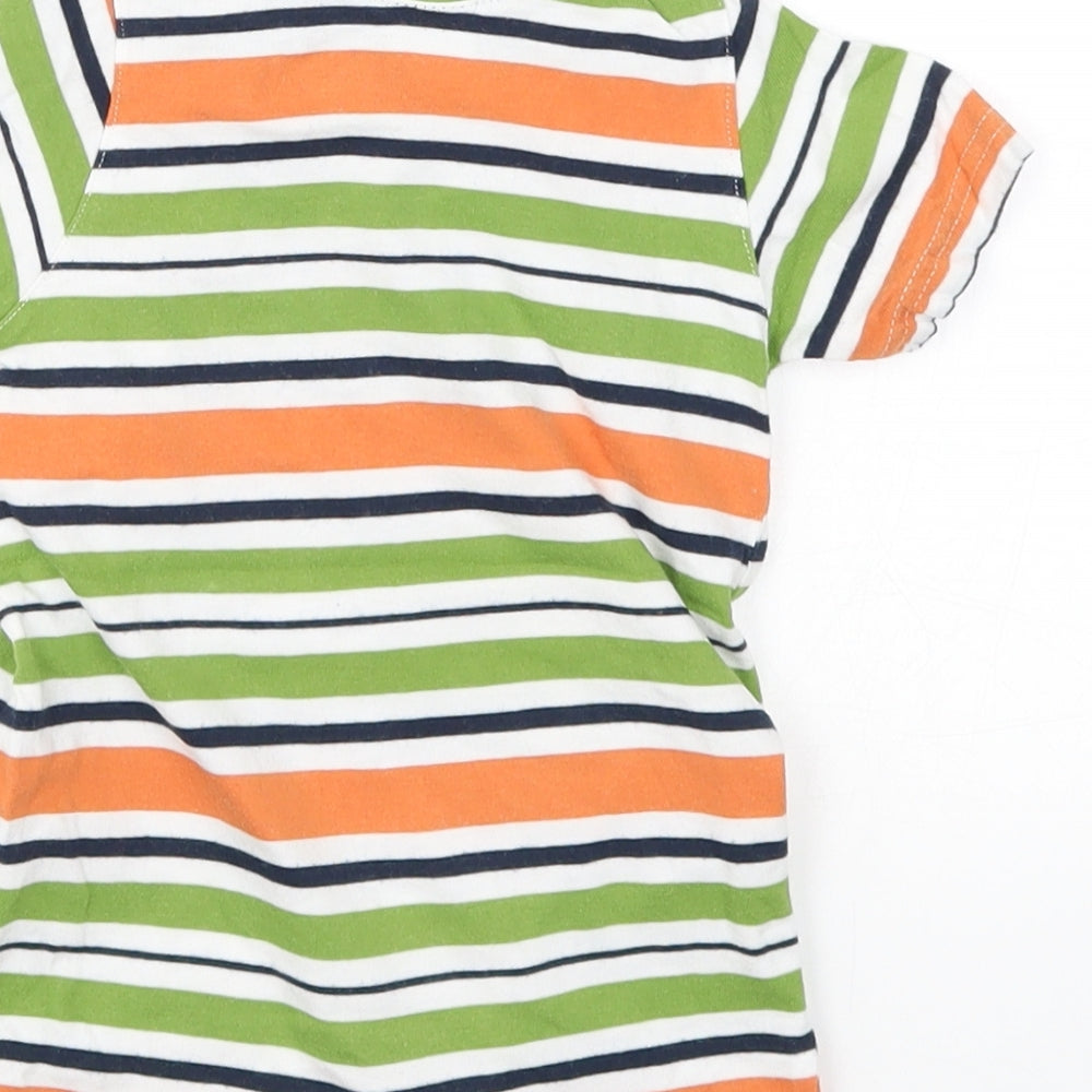 Brand and care label for TUP TUP boys’ green striped romper one-piece, size 0-3, months - orange the baby gang cat