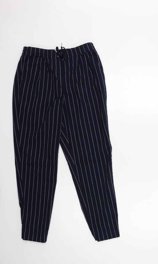 Additional front view of Only women’s blue striped trousers, size UK 10, 20-inch leg
