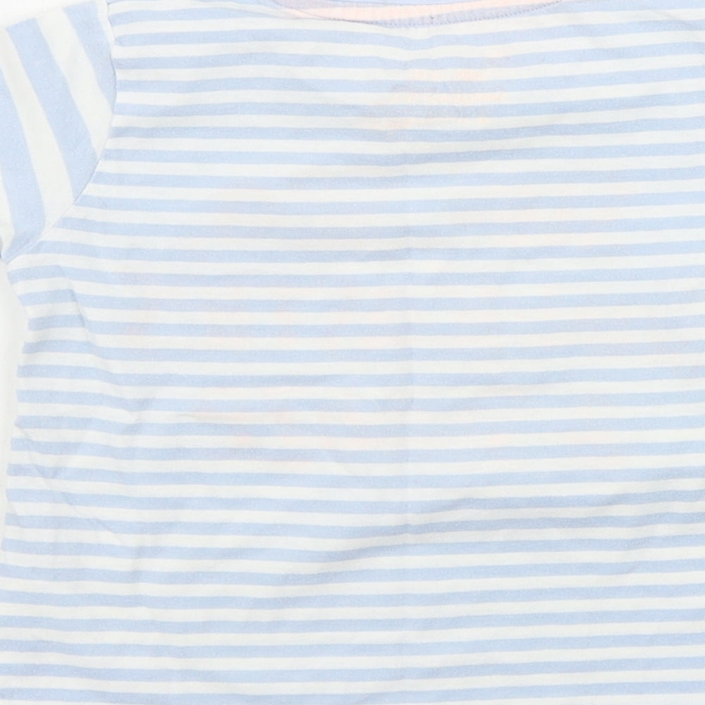 Brand and care label for Preworn boys’ blue striped camisole t-shirt, size 18-24, months