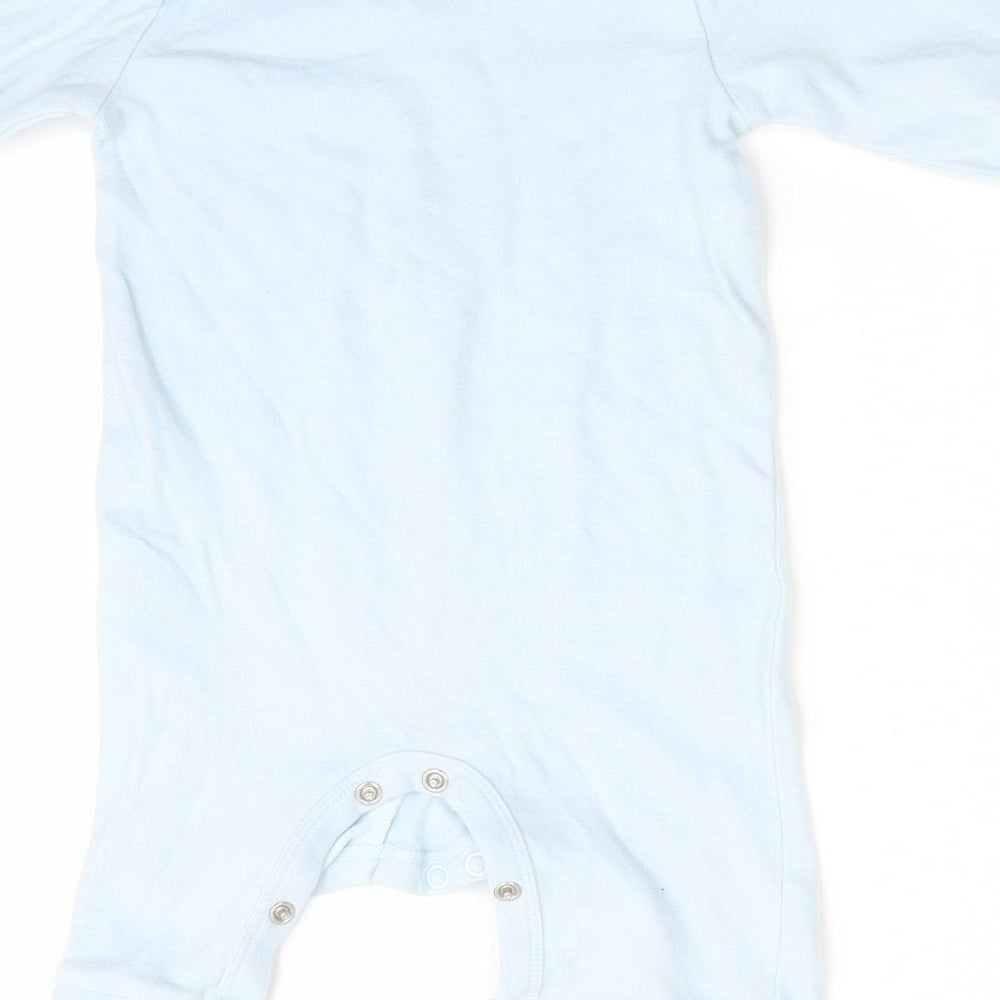 Brand and care label for Blue Zoo boys’ blue solid one piece, size 3-6, months - i wake up awesome