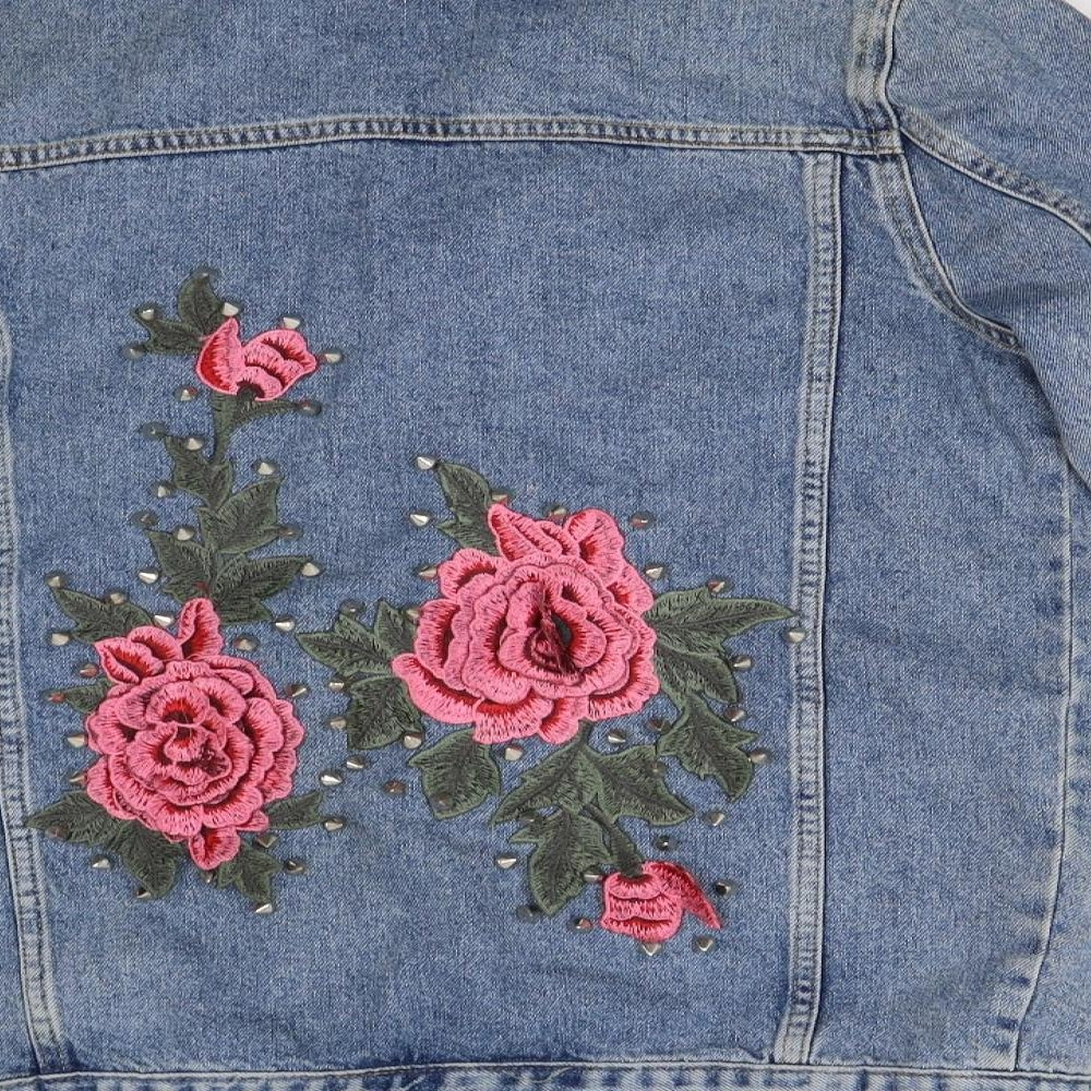 Primark Womens Blue Denim Jacket Size 6 - Rose Applique