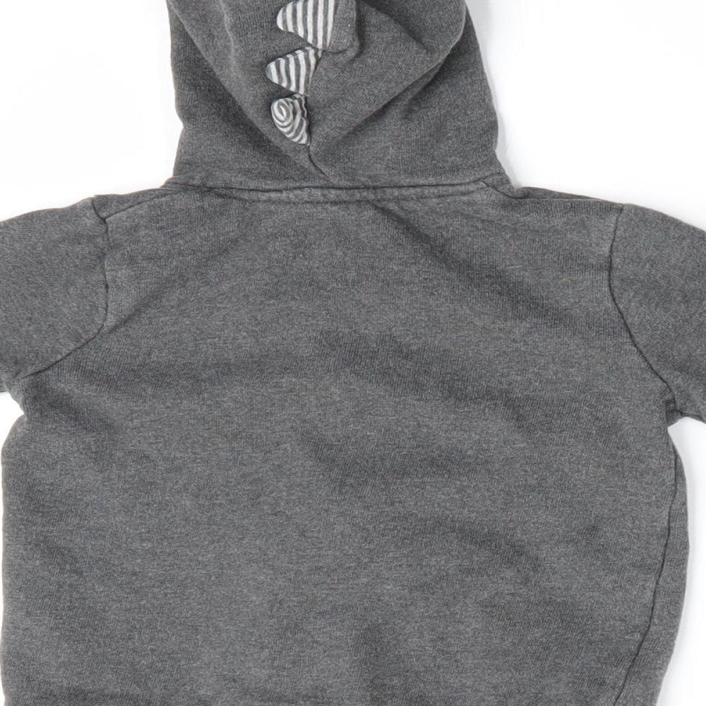 Brand and care label for George boys’ grey animal print full zip jumper, size 6-9, months - dinasour hood