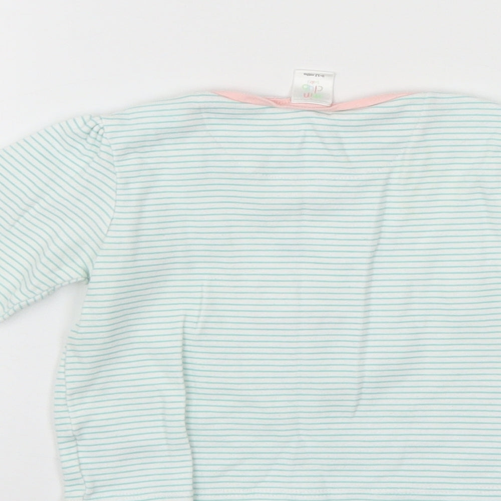 Brand and care label for Mini Club girls’ green striped henley jumper, size 9-12, months
