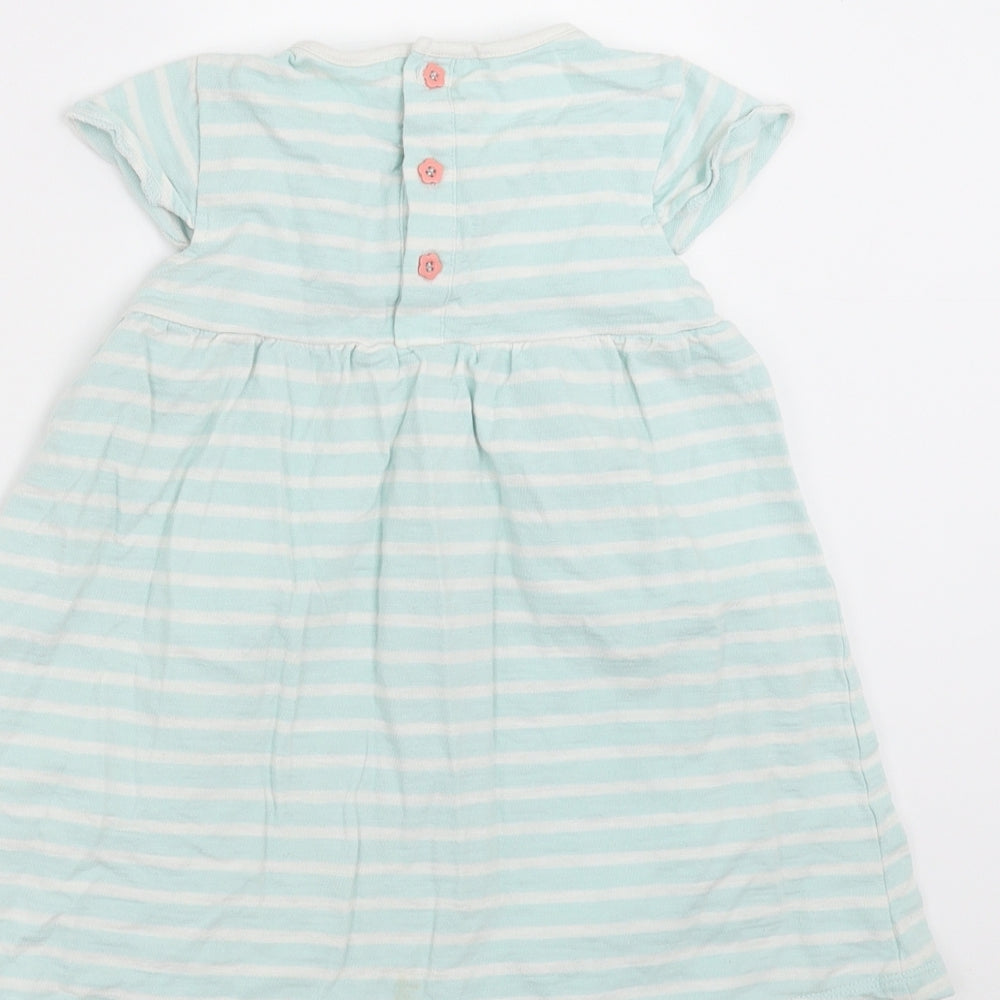 Brand and care label for Tu girls’ green striped t-shirt dress, size 18-24, months
