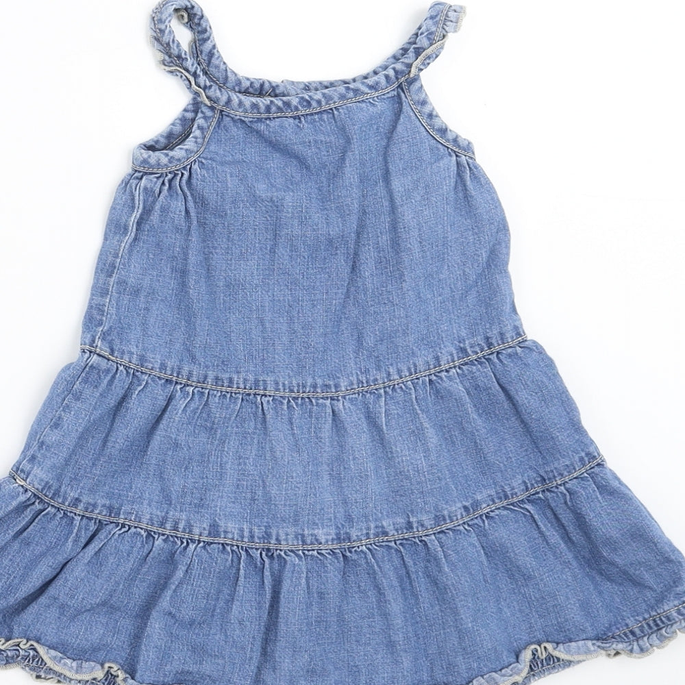 Brand and care label for George girls’ blue denim trapeze & swing, size 9-12, months