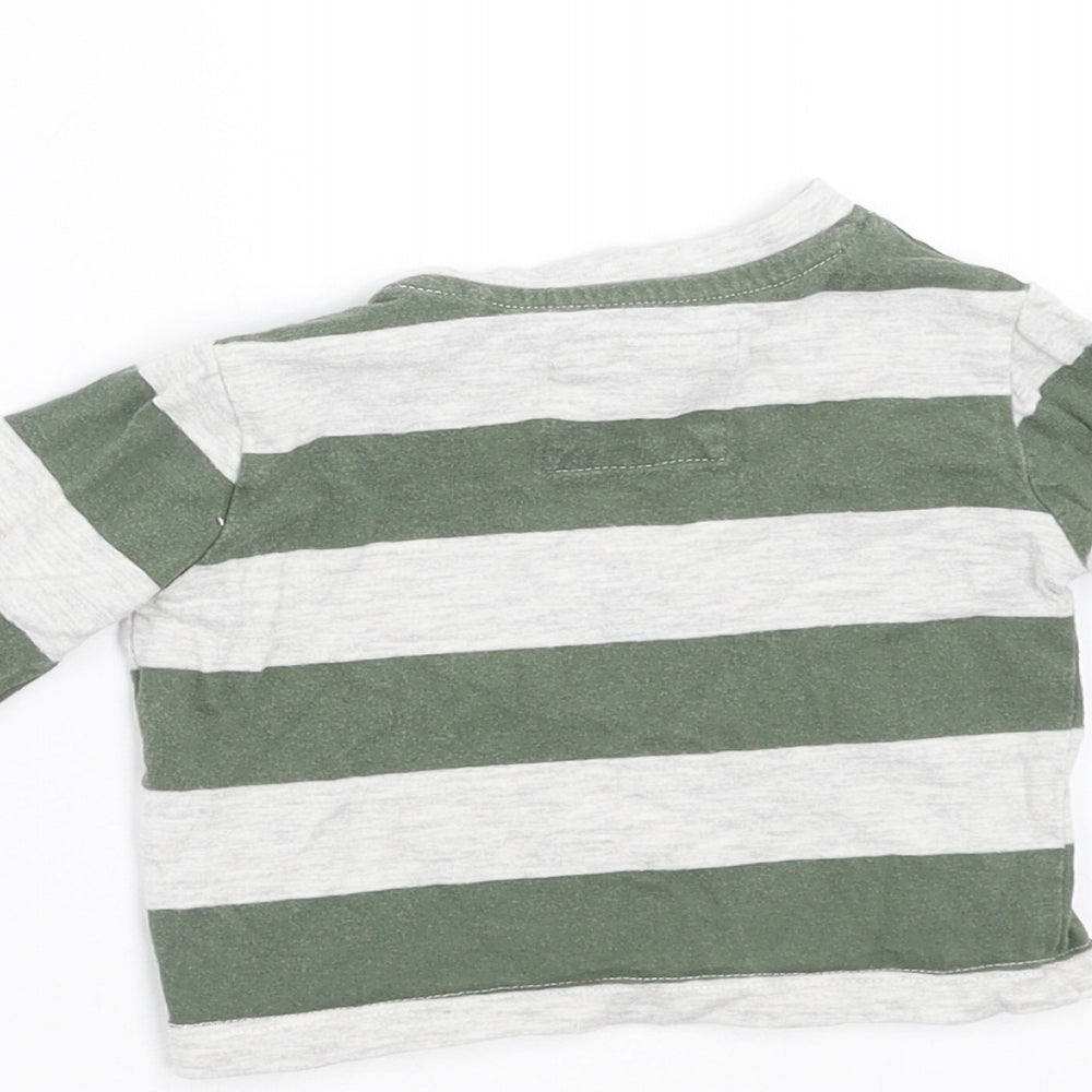 Brand and care label for Tu Baby Green Striped Basic T-Shirt, size 0-3, Months - Little Explorer
