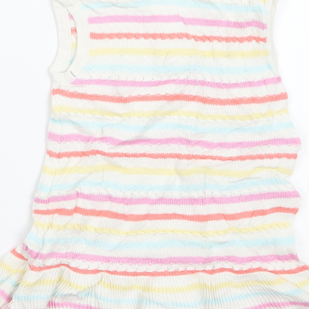 Brand and care label for Next girls’ purple striped knit jumper dress, size 9-12, months