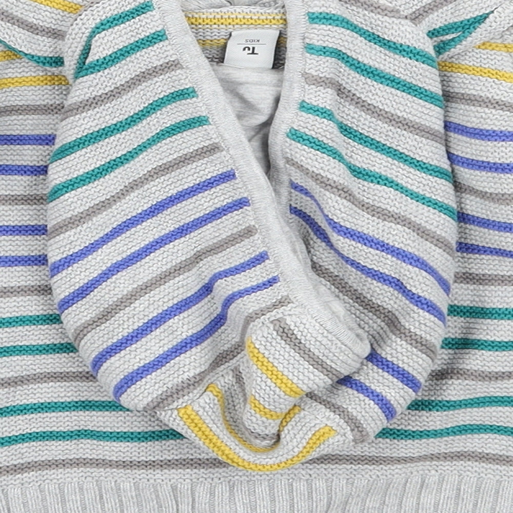 Brand and care label for Tu girls’ grey striped jacket coatigan, size 2, years