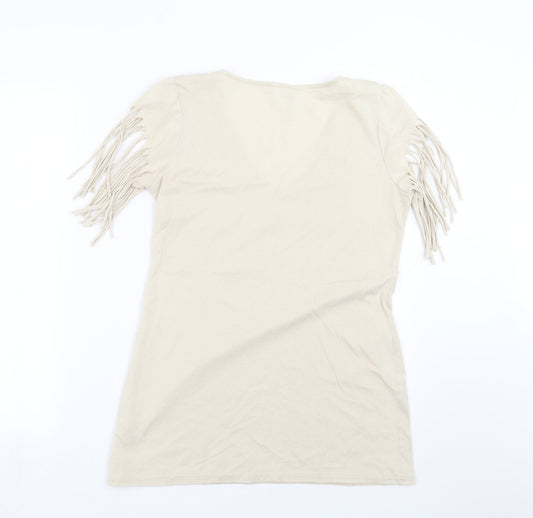Back view of Evie women’s beige basic t-shirt, size UK 16, - beaded detail