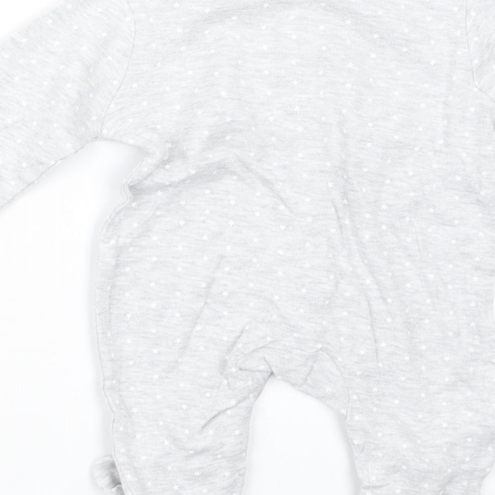 Brand and care label for Pure Baby boys’ grey geometric babydoll one piece, size 3-6, months