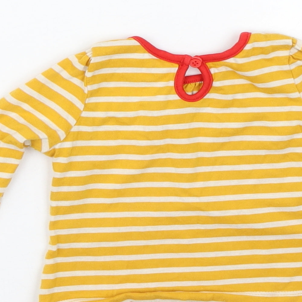Brand and care label for Mini Club girls’ yellow striped basic t-shirt, size 6-9, months