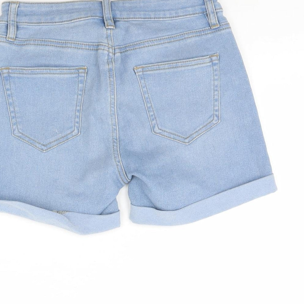 Brand and care label for Denim & Co. women’s blue denim cut-off shorts, size UK 6
