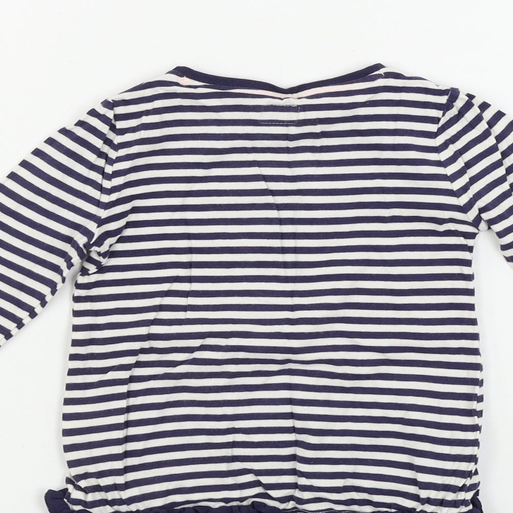 Brand and care label for F&F girls’ blue striped basic t-shirt, size 12-18, months
