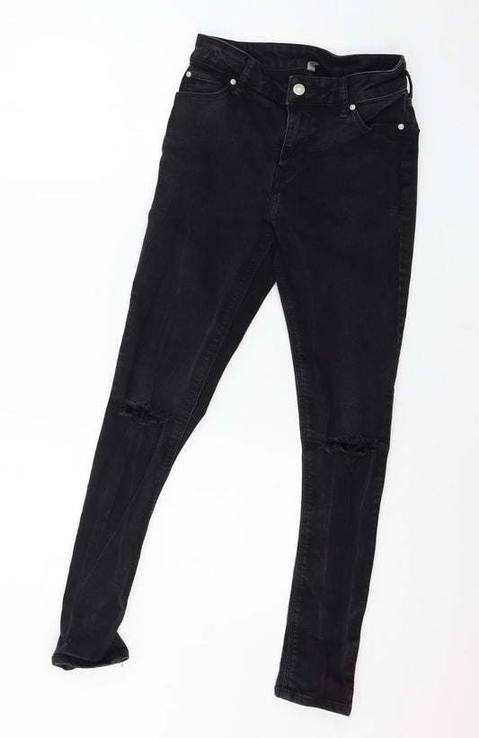 Additional front view of ASOS women’s black denim skinny jeans, size UK 28, in, 32-inch leg