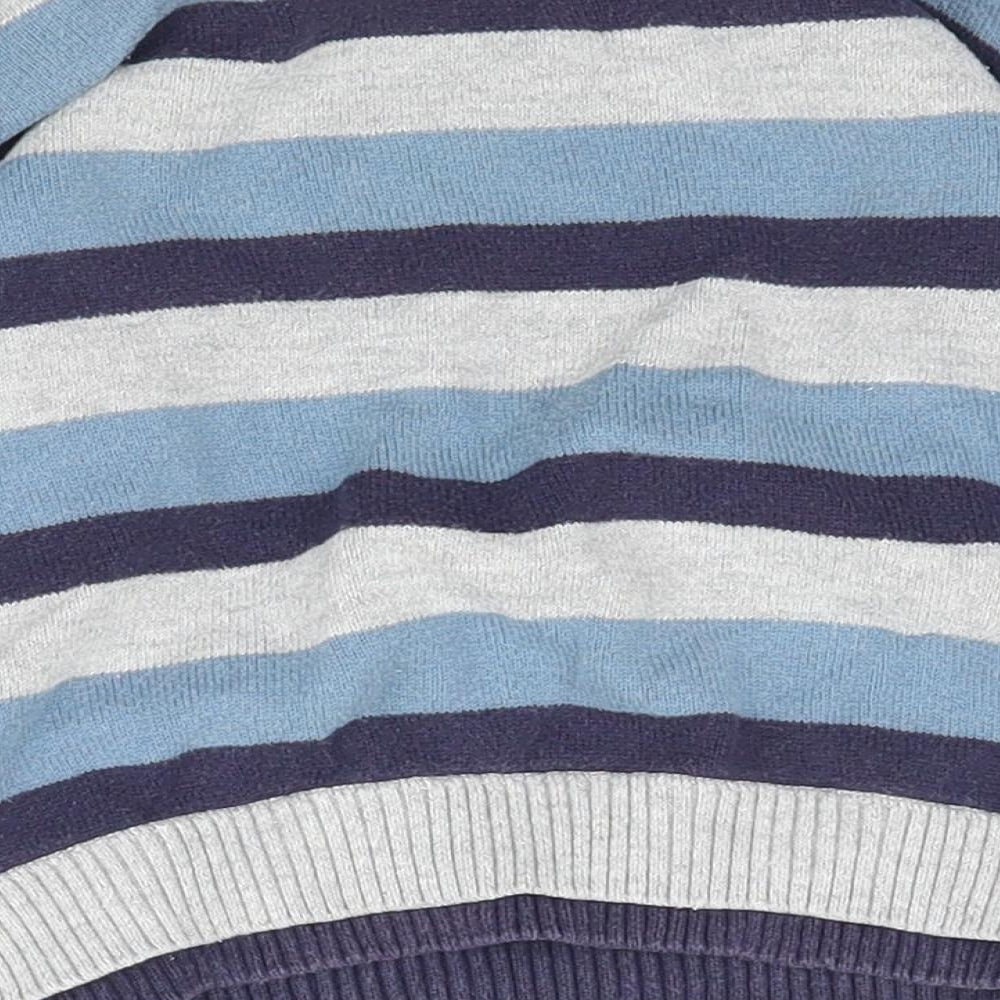 Brand and care label for Preworn boys’ blue striped knit jumper, size 9-12, months - rock band