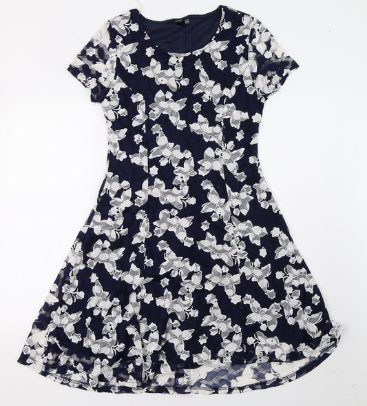 Additional front view of izabel women’s blue floral a-line, size UK 10
