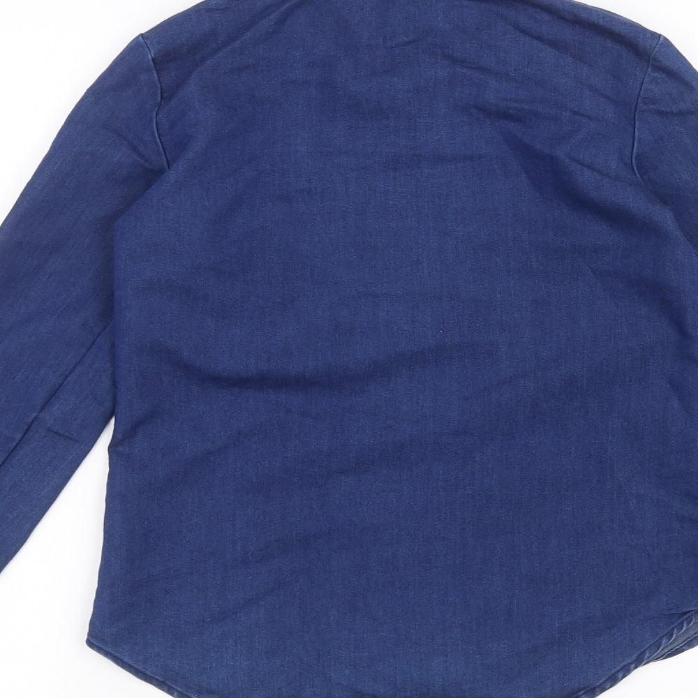 Brand and care label for Young Dimension girls’ blue basic button-up, size 9-10, years