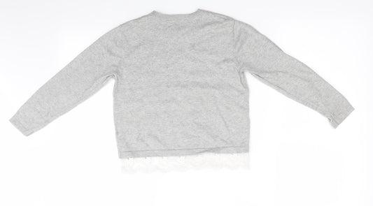 One Friday Girls Grey Floral Pullover Jumper Size 7-8 Years - Lace Hem Butterfly Print