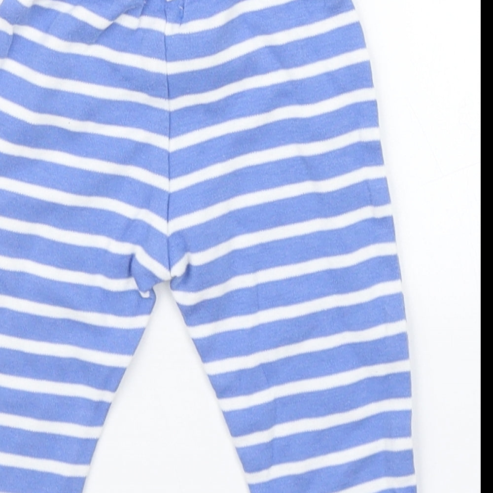 Brand and care label for John Lewis boys’ blue striped jogger trousers, size 0-3, months