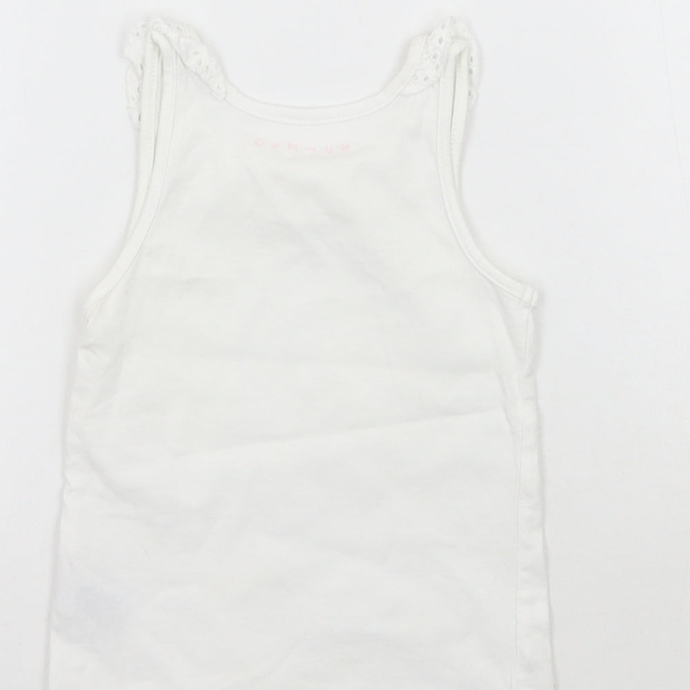 Brand and care label for Nutmeg girls’ white basic tank, size 2, years