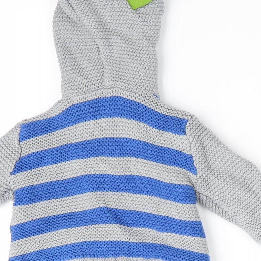 Brand and care label for Ladybird boys’ grey striped cardigan jumper, size 0-3, months - dragon hood