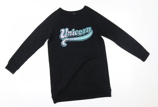 F&F Girls Black Tunic Jumper Size 10-11 Years - unicorn
