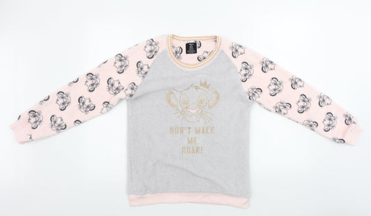 Front view of Disney women’s grey jumper, size XS, - lion king