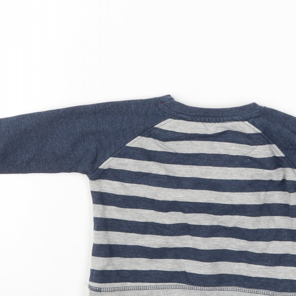 Brand and care label for Little Rebel boys’ blue striped jumper, size 9-12, months