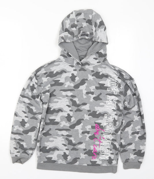 Primark Girls Grey Camouflage Pullover Hoodie Size 11-12 Years - Not my Problem Don't Care