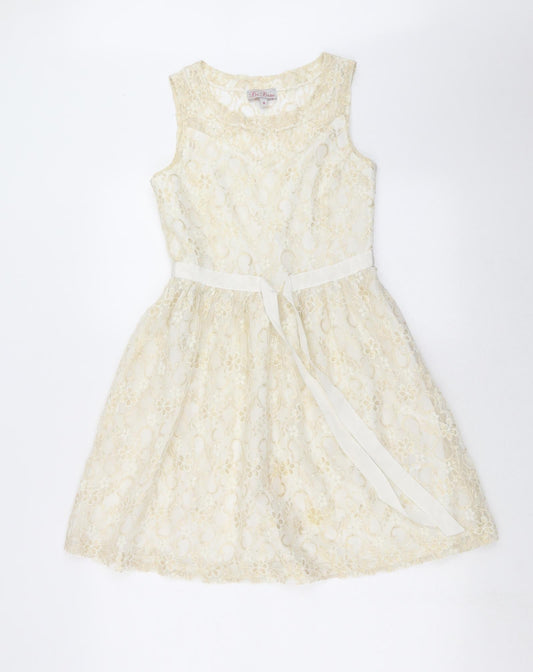 Additional front view of Be Beau women’s gold floral fit & flare, size UK 8