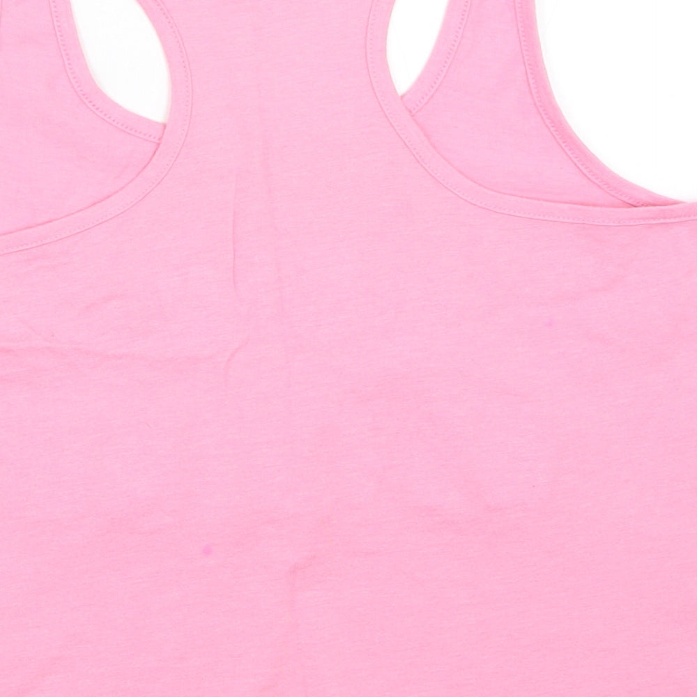 Brand and care label for New Look girls’ pink basic tank, size M