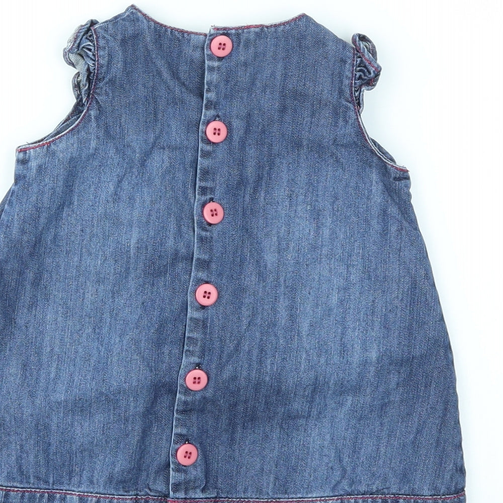 Brand and care label for mamas & papas girls’ blue fit & flare, size 9-12, months